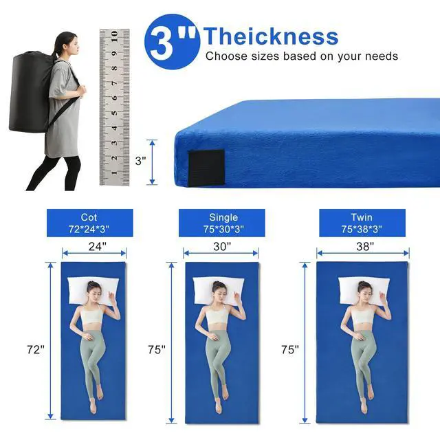 Alt view image 6 of 7 - Memory Foam Camping Mattress pad, Comfortable Thick Floor Sleeping Mat for Adults with Non-Slip Bottom, Portable Roll Up Mattress for Sleepover Guest,Cot Mad for Car Camping(Blue Single:75 * 30 * 3")