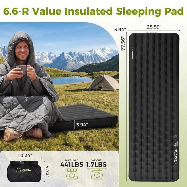 Alt view image 3 of 7 - ThermAir Pro Insulated Sleeping Pad for Backpacking, 6.6 R-Value 4 Thick Ultralight Quiet Camping Air Mattress with Pump Sack, Wide Long 77x25, 4-Season Sleeping Mat for Hiking Travel, Black