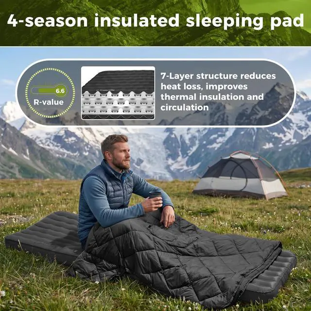 Alt view image 4 of 7 - ThermAir Pro Insulated Sleeping Pad for Backpacking, 6.6 R-Value 4 Thick Ultralight Quiet Camping Air Mattress with Pump Sack, Wide Long 77x25, 4-Season Sleeping Mat for Hiking Travel, Black