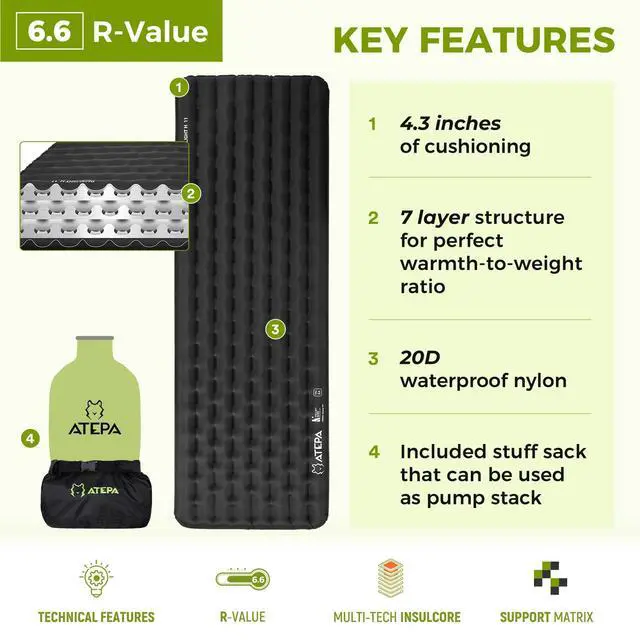 Alt view image 2 of 7 - ThermAir Pro Insulated Sleeping Pad for Backpacking, 6.6 R-Value 4 Thick Ultralight Quiet Camping Air Mattress with Pump Sack, Wide Long 77x25, 4-Season Sleeping Mat for Hiking Travel, Black