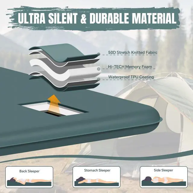Alt view image 3 of 7 - Camping Sleeping Pad Ultra-Thick Self-Inflating Memory Foam Mattress with Pillow, Double Camping Pad with Foot Pump, Portable 4-Season Sleeping Mat for Car, Tent & Travel, Full Size