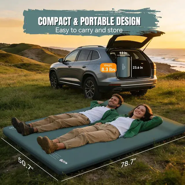 Alt view image 2 of 7 - Camping Sleeping Pad Ultra-Thick Self-Inflating Memory Foam Mattress with Pillow, Double Camping Pad with Foot Pump, Portable 4-Season Sleeping Mat for Car, Tent & Travel, Full Size