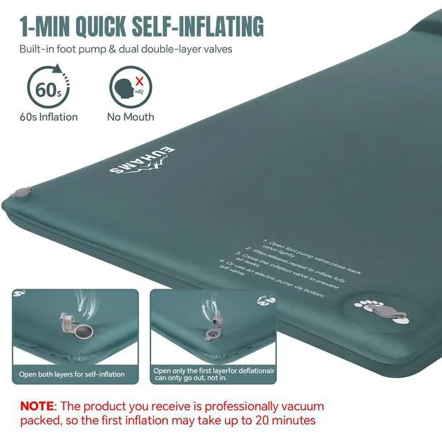Alt view image 5 of 7 - Camping Sleeping Pad Ultra-Thick Self-Inflating Memory Foam Mattress with Pillow, Double Camping Pad with Foot Pump, Portable 4-Season Sleeping Mat for Car, Tent & Travel, Full Size