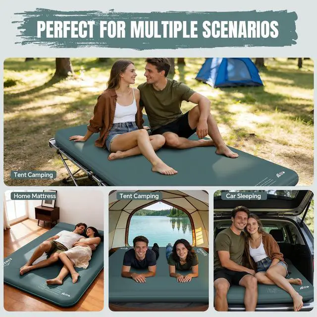 Alt view image 6 of 7 - Camping Sleeping Pad Ultra-Thick Self-Inflating Memory Foam Mattress with Pillow, Double Camping Pad with Foot Pump, Portable 4-Season Sleeping Mat for Car, Tent & Travel, Full Size