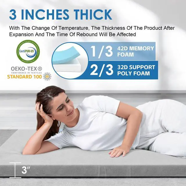 Alt view image 2 of 7 - CertiPUR-US Memory Foam Camping Mattress, Portable Roll Up Travel Car Camping Mattress Sleeping Pad & Floor Mattress, Cot Mattress Guest Bed for Sleepover with Waterproof Cover & Travel Bag