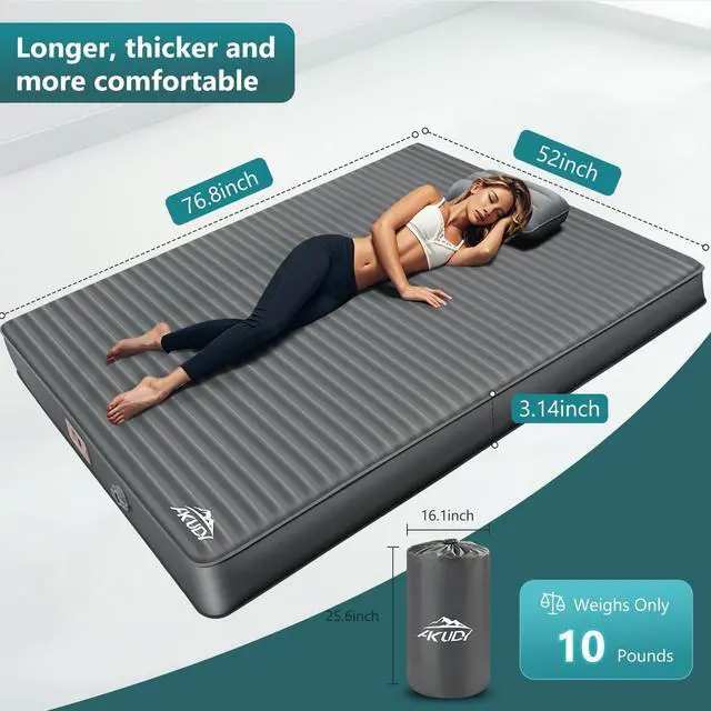 Alt view image 2 of 7 - Double Self-Inflating Sleeping Pad with Built-in Electric Pump, 3.15" Ultra-Thick Memory Foam, Camping Mattress for 2 Person, R-Value 9.5