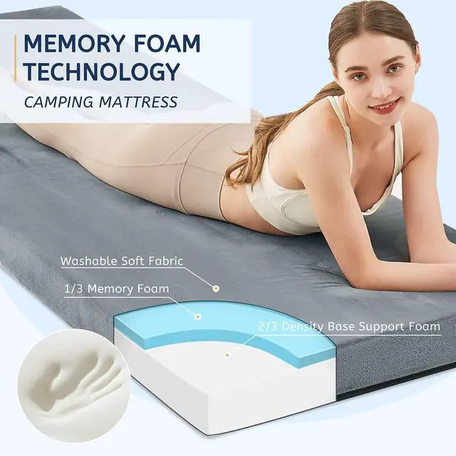 Alt view image 2 of 6 - Memory Foam Camping Twin XL Mattress Pad Mat-Sleeping Pad Mat Portable Roll Up Mattress CertiPUR-US for Adults-Camping Bed for Guests Floor Tent Sleepover with Waterproof Cover Travel Bag