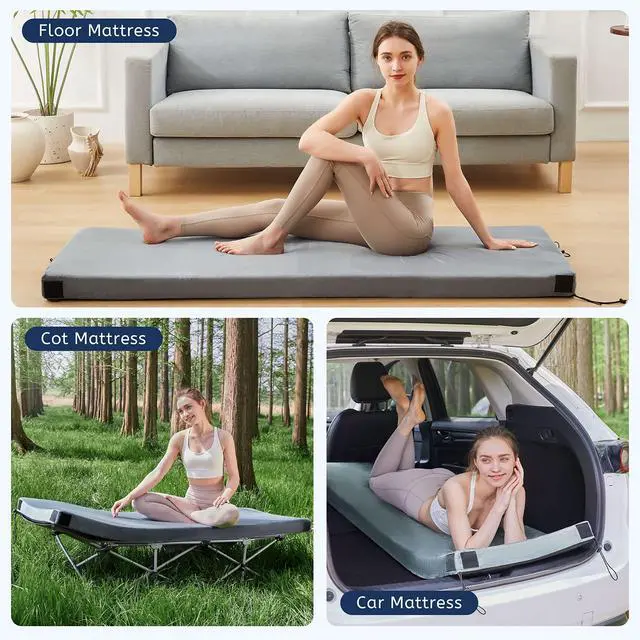 Alt view image 4 of 6 - Memory Foam Camping Twin XL Mattress Pad Mat-Sleeping Pad Mat Portable Roll Up Mattress CertiPUR-US for Adults-Camping Bed for Guests Floor Tent Sleepover with Waterproof Cover Travel Bag