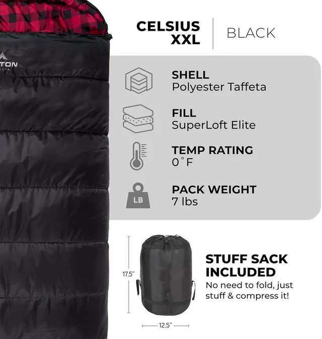 Alt view image 5 of 7 - Celsius XXL, 0 Degree Sleeping Bag with Compression Sack, Right Zipper, and SuperLoft Elite Material for Camping and Base Camp, Black