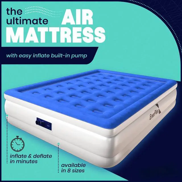 Alt view image 2 of 7 - Queen Air Mattress with Built in Pump - 15" Luxury Size Self-Inflating Blow Up Mattress with Neck Support - Inflatable Air Bed for Portable Travel & Home Use (Blue/White)
