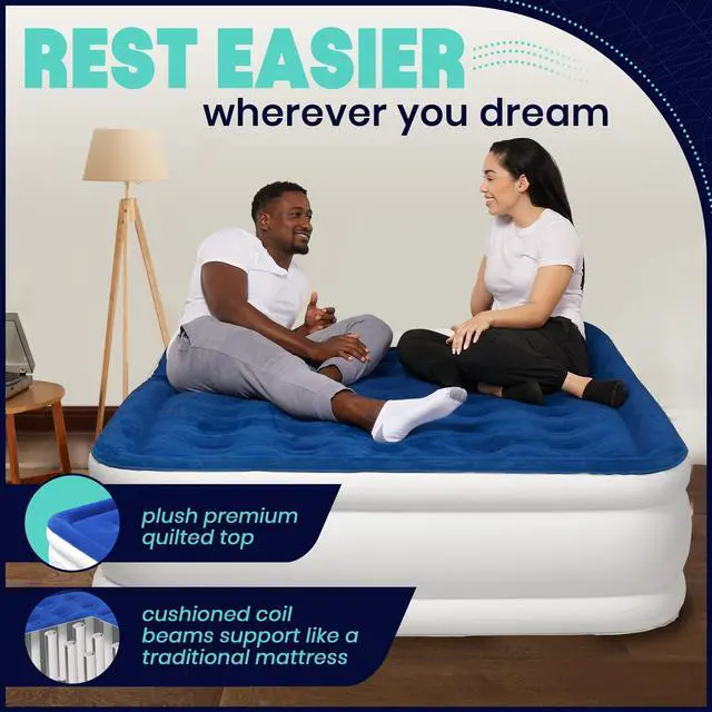 Alt view image 3 of 7 - Queen Air Mattress with Built in Pump - 15" Luxury Size Self-Inflating Blow Up Mattress with Neck Support - Inflatable Air Bed for Portable Travel & Home Use (Blue/White)