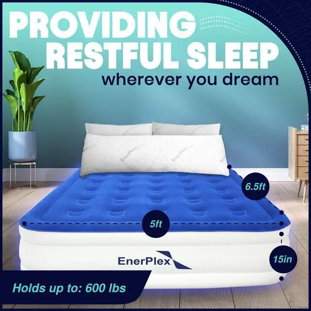 Alt view image 4 of 7 - Queen Air Mattress with Built in Pump - 15" Luxury Size Self-Inflating Blow Up Mattress with Neck Support - Inflatable Air Bed for Portable Travel & Home Use (Blue/White)