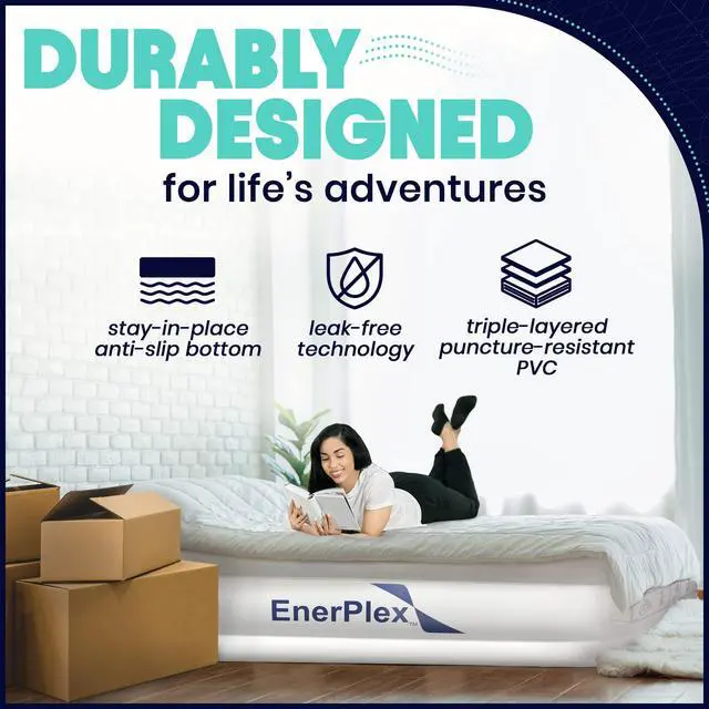 Alt view image 6 of 7 - Queen Air Mattress with Built in Pump - 15" Luxury Size Self-Inflating Blow Up Mattress with Neck Support - Inflatable Air Bed for Portable Travel & Home Use (Blue/White)