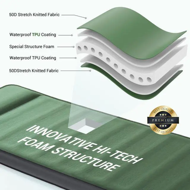 Alt view image 3 of 7 - CumbreX Air & Foam Self Inflating Sleeping Pad, Built-in Electric Pump 4" Ultra-Thick Memory Foam Camping Mattress with Pillow Camping Pad 4-Season R-value 9.5 Camp Mat for Traveling - Single