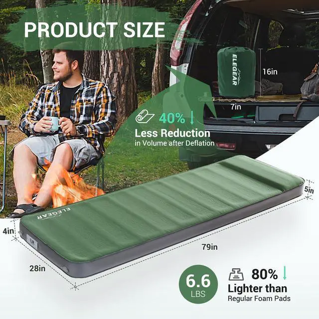 Alt view image 6 of 7 - CumbreX Air & Foam Self Inflating Sleeping Pad, Built-in Electric Pump 4" Ultra-Thick Memory Foam Camping Mattress with Pillow Camping Pad 4-Season R-value 9.5 Camp Mat for Traveling - Single
