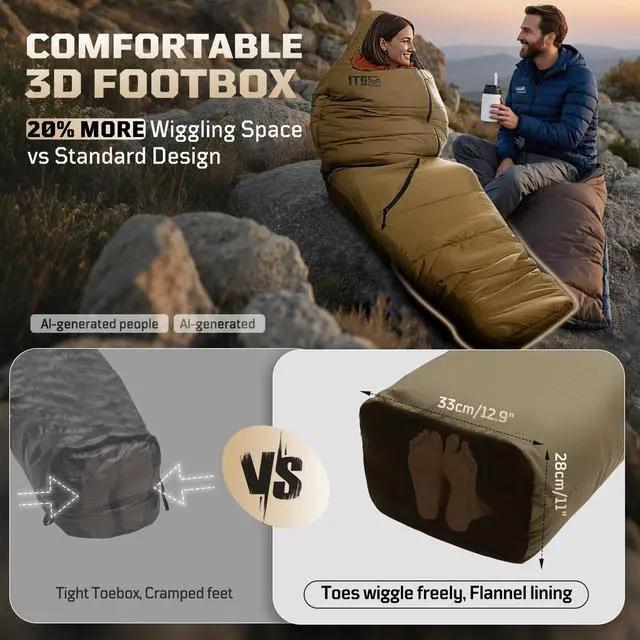 Alt view image 5 of 7 - Mummy Sleeping Bag for Adults, 25-36 Cold Weather Backpacking Sleeping Bag, Lightweight 3-4 Season Winter Camp Bag with Adjustable Hood & Compression Sack, Machine Washable