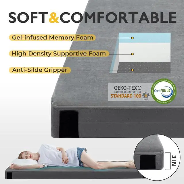 Alt view image 2 of 7 - 3 Inch CertiPUR-US Memory Foam Camping Mattress, Waterproof Roll up Sleeping Pad for Adults, Comfortable Thick Floor Sleeping Mats for Car Truck Tent with Removable Travel Bag, Single