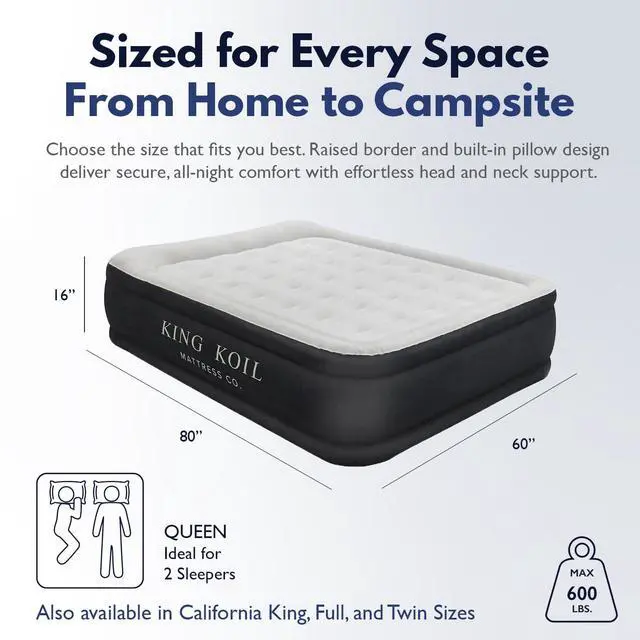 Alt view image 2 of 7 - 16" Queen Air Mattress with Built-in High-Speed Pump - CNN Underscored Top Pick, Sleeps Like a Real Bed, Inflates in 2 Minutes, 600 lb Capacity for Guests, Camping, Home, 1-Year Warranty