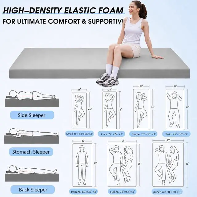 Alt view image 2 of 7 - 3 Inch Memory Foam Camping Pad, Camping Essentials Roll Up Floor Mat for Car Camping, Cot, Tent, Truck, Travel and Guest Use, Non-Slip Waterproof Bottom, Removable Cover