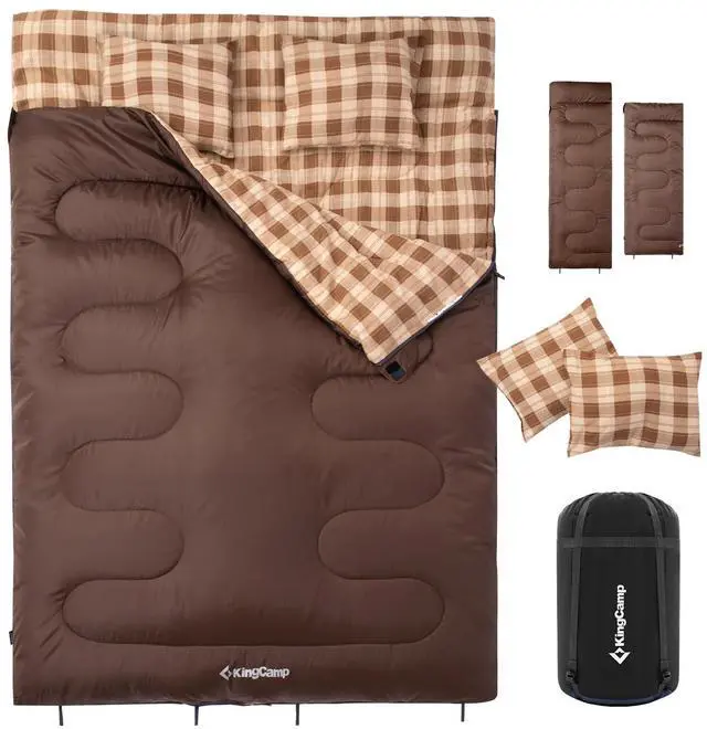 Main image of Double Sleeping Bag for Adults, Queen Size 2 Person XXL Flannel Sleeping Bag, Waterproof Lightweight Flannel Quilt with 2 Pillows, Perfect for Couples Family Camping Hiking, Coffee