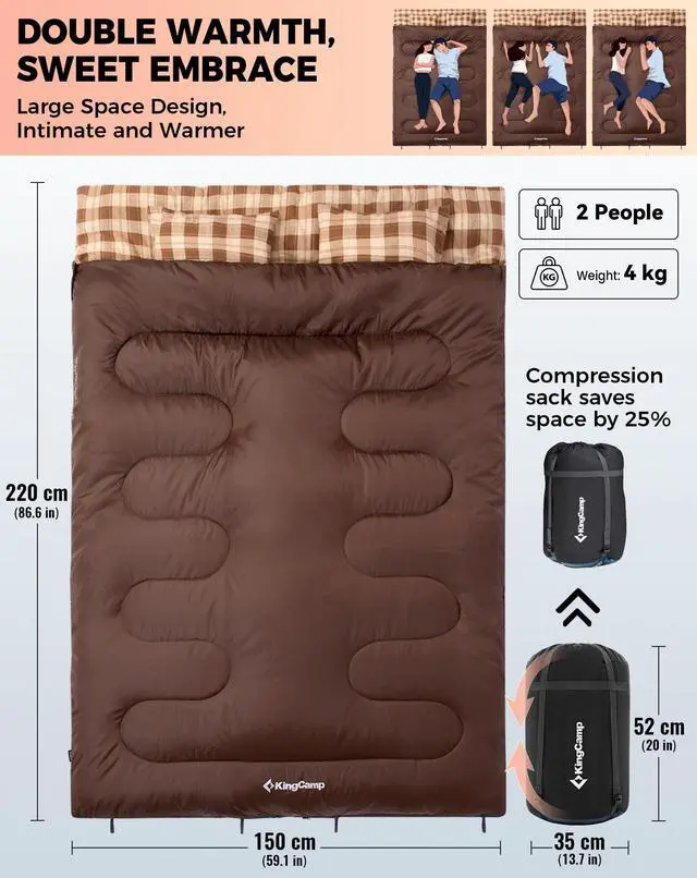 Alt view image 2 of 7 - Double Sleeping Bag for Adults, Queen Size 2 Person XXL Flannel Sleeping Bag, Waterproof Lightweight Flannel Quilt with 2 Pillows, Perfect for Couples Family Camping Hiking, Coffee