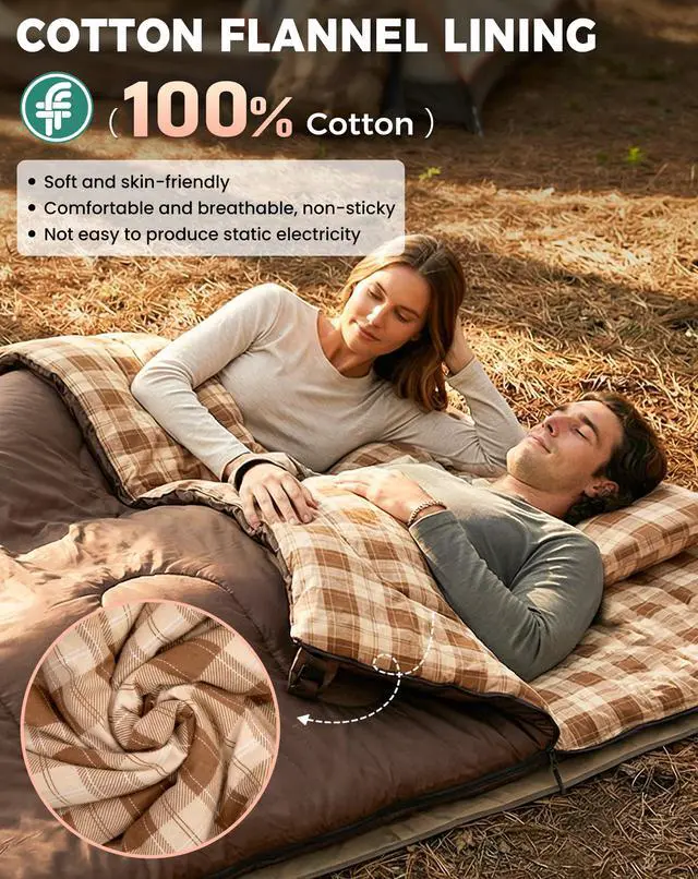 Alt view image 3 of 7 - Double Sleeping Bag for Adults, Queen Size 2 Person XXL Flannel Sleeping Bag, Waterproof Lightweight Flannel Quilt with 2 Pillows, Perfect for Couples Family Camping Hiking, Coffee