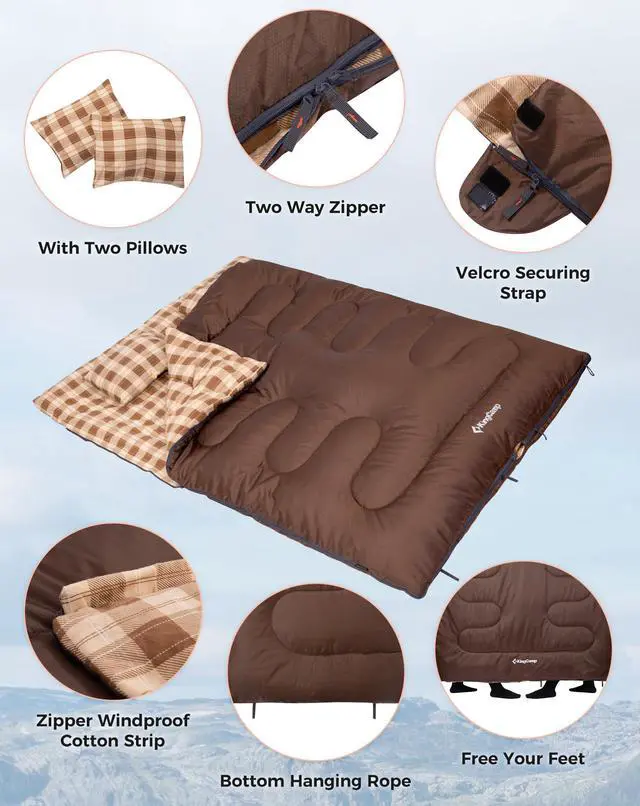 Alt view image 4 of 7 - Double Sleeping Bag for Adults, Queen Size 2 Person XXL Flannel Sleeping Bag, Waterproof Lightweight Flannel Quilt with 2 Pillows, Perfect for Couples Family Camping Hiking, Coffee