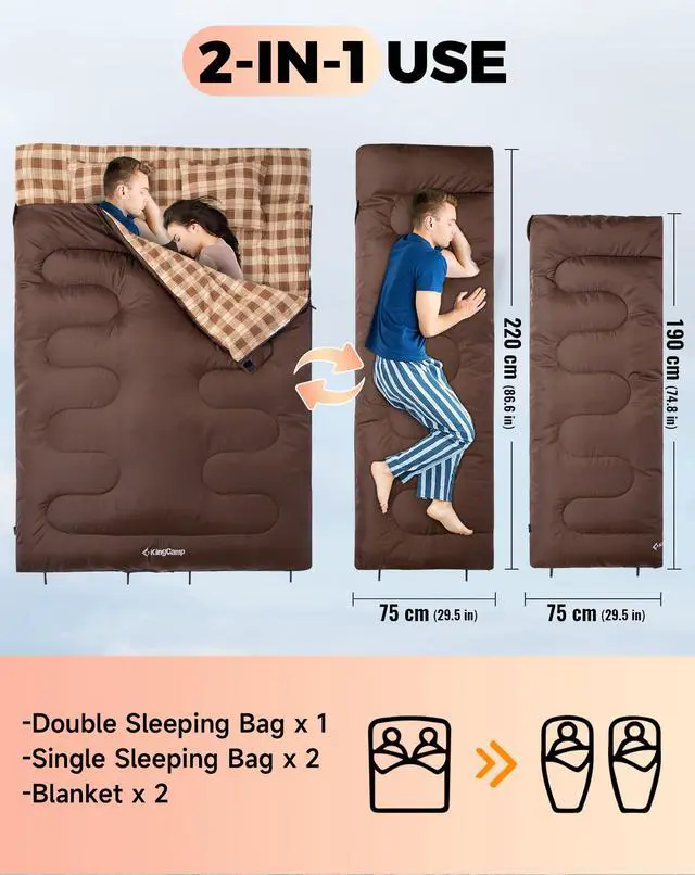 Alt view image 5 of 7 - Double Sleeping Bag for Adults, Queen Size 2 Person XXL Flannel Sleeping Bag, Waterproof Lightweight Flannel Quilt with 2 Pillows, Perfect for Couples Family Camping Hiking, Coffee