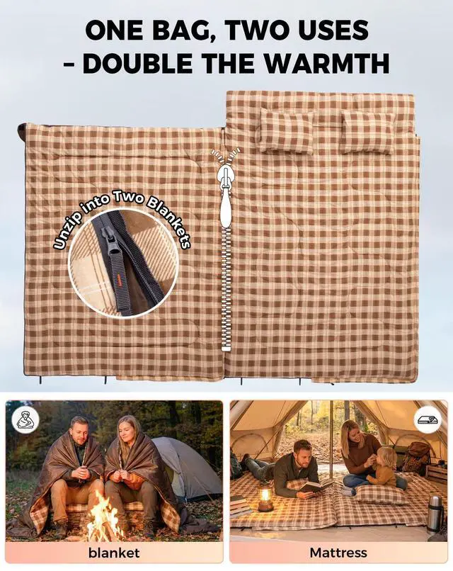 Alt view image 6 of 7 - Double Sleeping Bag for Adults, Queen Size 2 Person XXL Flannel Sleeping Bag, Waterproof Lightweight Flannel Quilt with 2 Pillows, Perfect for Couples Family Camping Hiking, Coffee