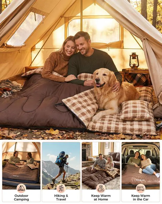 Alt view image 7 of 7 - Double Sleeping Bag for Adults, Queen Size 2 Person XXL Flannel Sleeping Bag, Waterproof Lightweight Flannel Quilt with 2 Pillows, Perfect for Couples Family Camping Hiking, Coffee