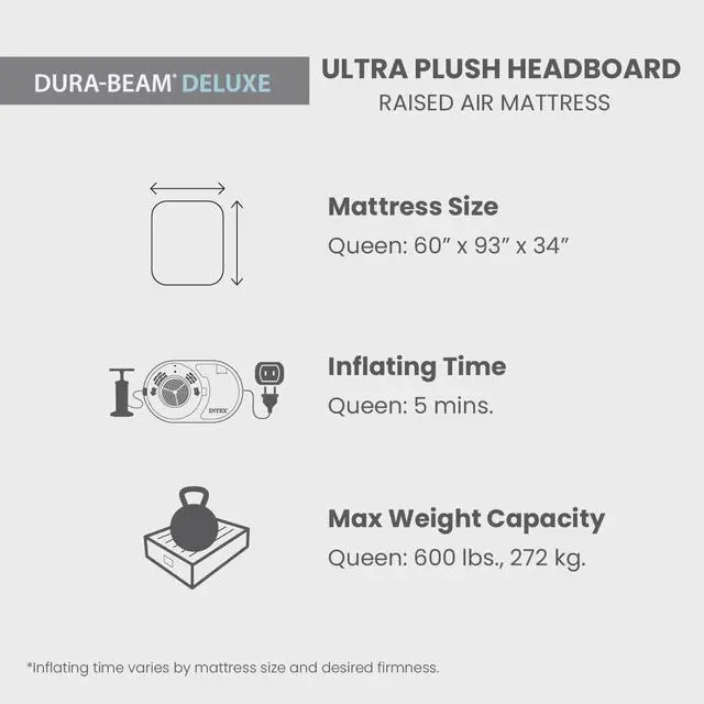Alt view image 5 of 7 - 64449ED Dura-Beam Deluxe Plush Air Mattress with Headboard: Fiber-Tech - Queen Size - Built-in Electric Pump - 18in Bed Height - 600lb Weight Capacity