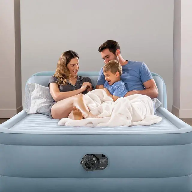 Alt view image 2 of 7 - 64449ED Dura-Beam Deluxe Plush Air Mattress with Headboard: Fiber-Tech - Queen Size - Built-in Electric Pump - 18in Bed Height - 600lb Weight Capacity