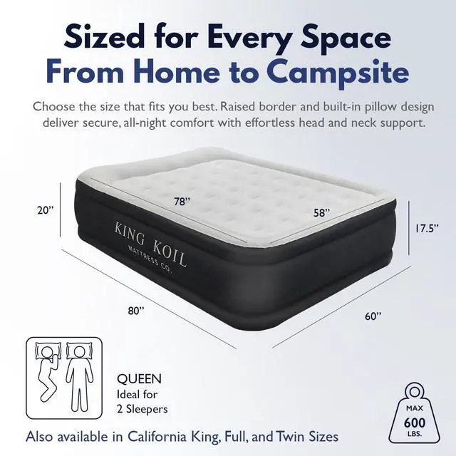 Alt view image 2 of 7 - 20" Queen Air Mattress with Built-in High-Speed Pump - CNN Underscored Top Pick, Sleeps Like a Real Bed, Inflates in 2 Minutes, 600 lb Capacity for Guests, Camping, Home, 1-Year Warranty