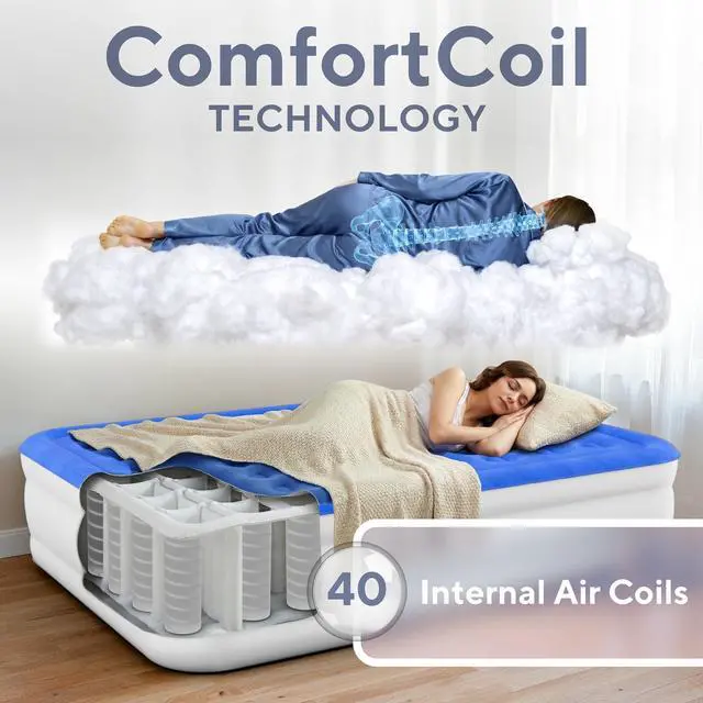 Alt view image 4 of 7 - Dream Series Luxury Air Mattress with ComfortCoil Technology & Built-in High Capacity Pump for Home & Camping- Double Height, Adjustable, Inflatable Blow Up, Portable - Queen Size