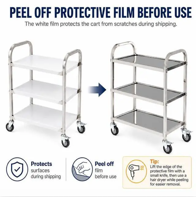 Alt view image 3 of 7 - Amarite 3-Tier Commercial Grade Stainless Steel Cart, Heavy Duty 400 LBS Universal Brake Rolling Cart - Tall No-Bending Ergonomic Utility Cart, 29.5"x15.7"x37.4", Anti-Wobble Frame