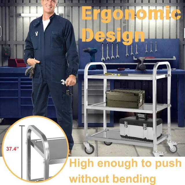 Alt view image 2 of 7 - Amarite 3-Tier Commercial Grade Stainless Steel Cart, Heavy Duty 400 LBS Universal Brake Rolling Cart - Tall No-Bending Ergonomic Utility Cart, 29.5"x15.7"x37.4", Anti-Wobble Frame