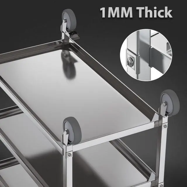 Alt view image 4 of 7 - Amarite 3-Tier Commercial Grade Stainless Steel Cart, Heavy Duty 400 LBS Universal Brake Rolling Cart - Tall No-Bending Ergonomic Utility Cart, 29.5"x15.7"x37.4", Anti-Wobble Frame