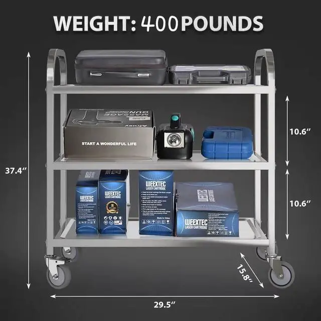 Alt view image 5 of 7 - Amarite 3-Tier Commercial Grade Stainless Steel Cart, Heavy Duty 400 LBS Universal Brake Rolling Cart - Tall No-Bending Ergonomic Utility Cart, 29.5"x15.7"x37.4", Anti-Wobble Frame
