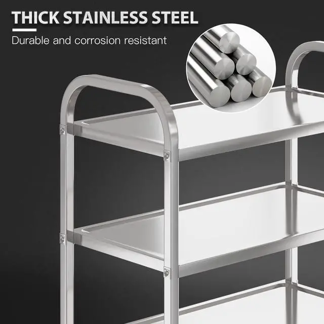 Alt view image 7 of 7 - Amarite 3-Tier Commercial Grade Stainless Steel Cart, Heavy Duty 400 LBS Universal Brake Rolling Cart - Tall No-Bending Ergonomic Utility Cart, 29.5"x15.7"x37.4", Anti-Wobble Frame