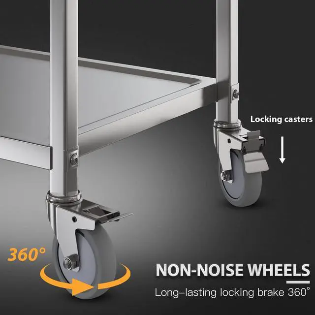 Alt view image 6 of 7 - Amarite 3-Tier Commercial Grade Stainless Steel Cart, Heavy Duty 400 LBS Universal Brake Rolling Cart - Tall No-Bending Ergonomic Utility Cart, 29.5"x15.7"x37.4", Anti-Wobble Frame