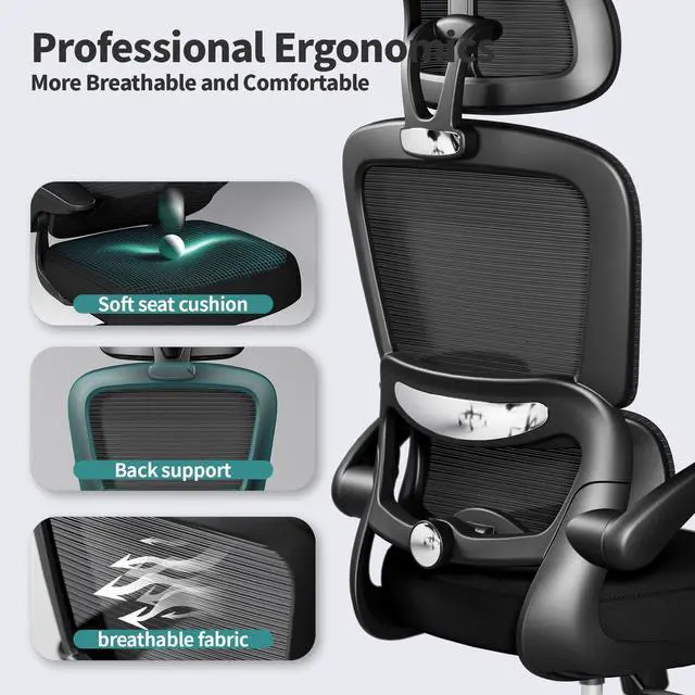 Alt view image 4 of 7 - Office Chair Ergonomic Desk Chair, 330 LBS Home Mesh Office Desk Chairs with Wheels, Comfortable Gaming Chairs (Black)