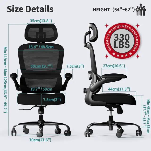 Alt view image 2 of 7 - Office Chair Ergonomic Desk Chair, 330 LBS Home Mesh Office Desk Chairs with Wheels, Comfortable Gaming Chairs (Black)