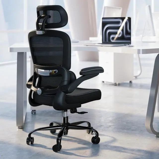 Main image of Ergonomic Office Chair - Desk Chair with Adjustable Headrest Lumbar Support Computer Chair - Mesh Comfy Chair with Flip-up Armrests - Gaming Chairs for Adults Home Office (Leather, Black)