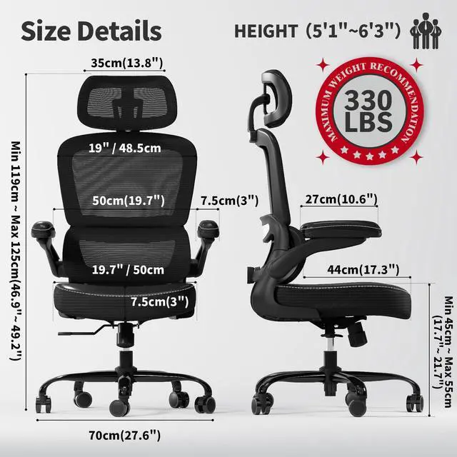 Alt view image 2 of 7 - Ergonomic Office Chair - Desk Chair with Adjustable Headrest Lumbar Support Computer Chair - Mesh Comfy Chair with Flip-up Armrests - Gaming Chairs for Adults Home Office (Leather, Black)