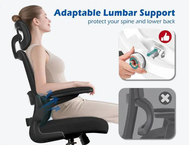 Alt view image 3 of 7 - Ergonomic Office Chair - Desk Chair with Adjustable Headrest Lumbar Support Computer Chair - Mesh Comfy Chair with Flip-up Armrests - Gaming Chairs for Adults Home Office (Leather, Black)
