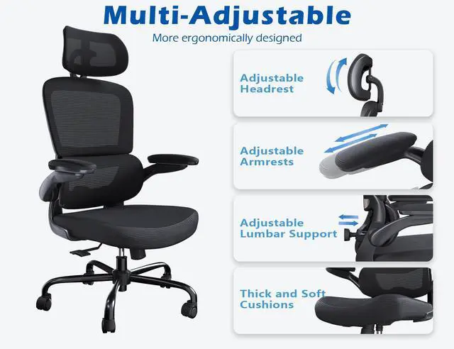 Alt view image 4 of 7 - Ergonomic Office Chair - Desk Chair with Adjustable Headrest Lumbar Support Computer Chair - Mesh Comfy Chair with Flip-up Armrests - Gaming Chairs for Adults Home Office (Leather, Black)