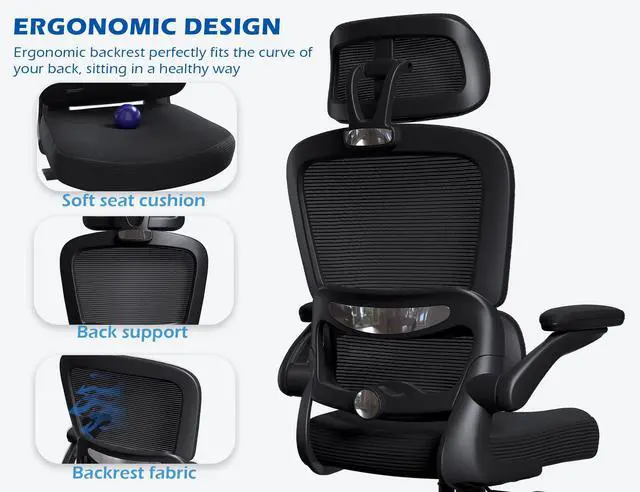 Alt view image 5 of 7 - Ergonomic Office Chair - Desk Chair with Adjustable Headrest Lumbar Support Computer Chair - Mesh Comfy Chair with Flip-up Armrests - Gaming Chairs for Adults Home Office (Leather, Black)