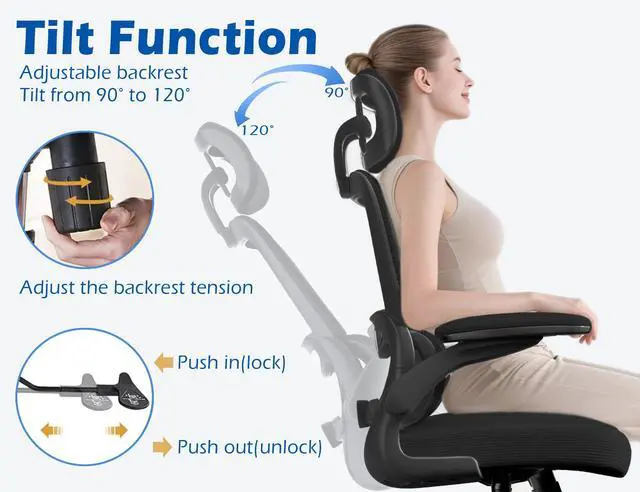 Alt view image 7 of 7 - Ergonomic Office Chair - Desk Chair with Adjustable Headrest Lumbar Support Computer Chair - Mesh Comfy Chair with Flip-up Armrests - Gaming Chairs for Adults Home Office (Leather, Black)