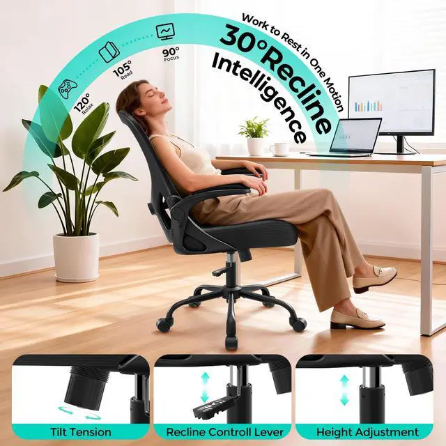 Alt view image 4 of 7 - Office Chair - Ergonomic Breathable Mesh Desk Chair with Adjustable Lumbar Support and Flip-up Armrests - Executive High Back Rolling Swivel Comfortable Computer Gaming Chair for Home Office