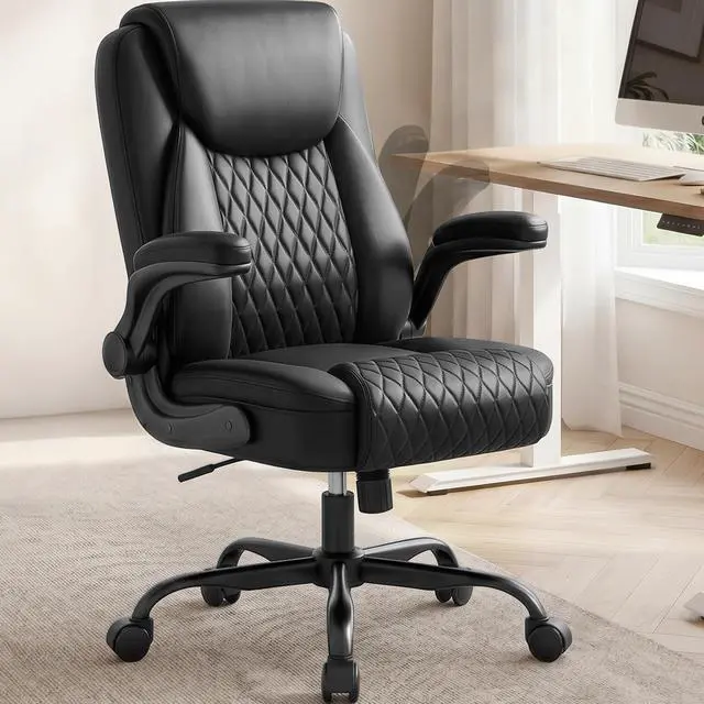 Main image of Mid-Back Office Chair, Ergonomic PU Desk Chair with Flip up Arms, Small Computer Gaming with Comfy Lumbar Support,Rocking Function,Sturdy Metal Base, Ink Black